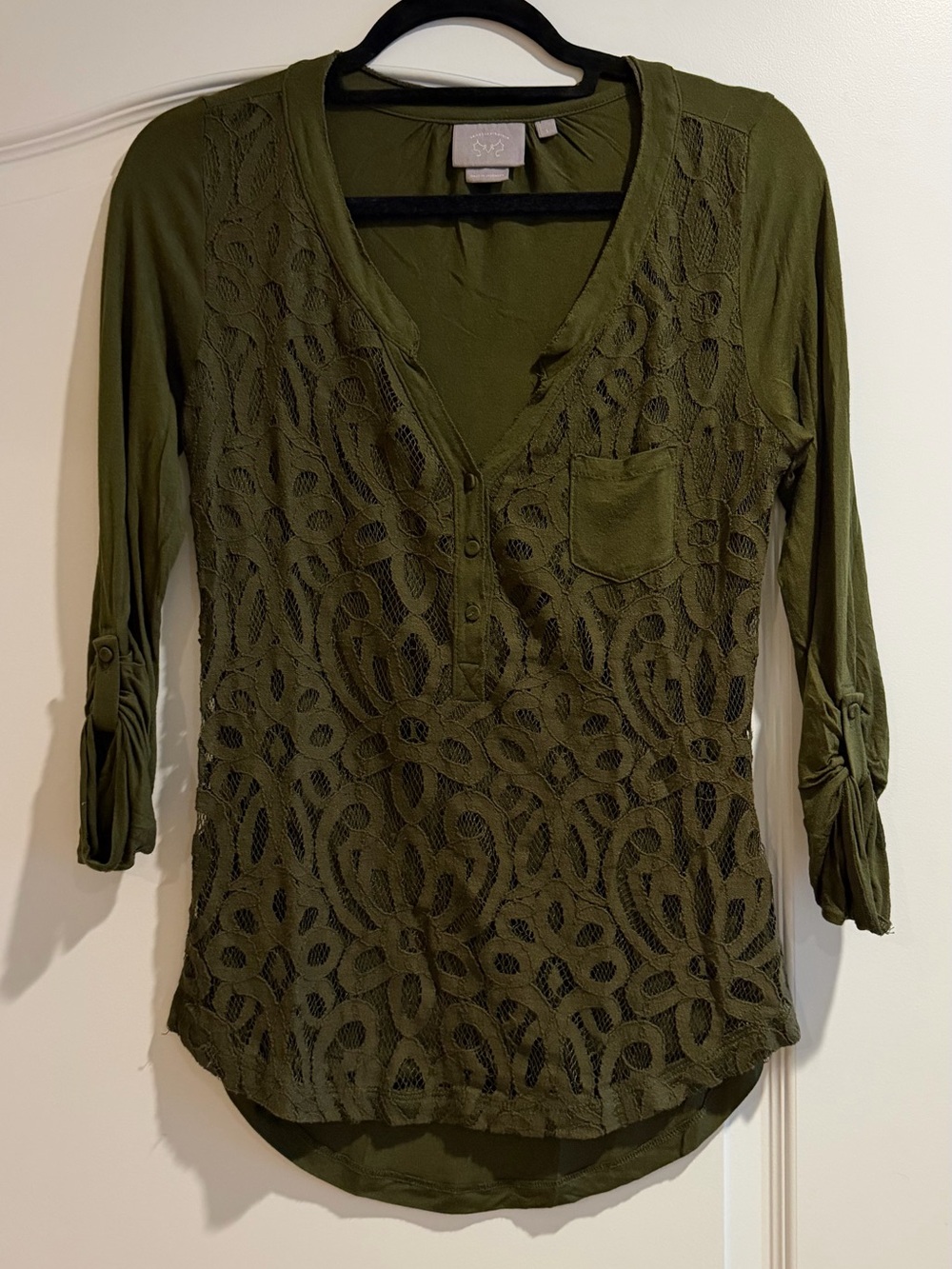 Olive Lace-Overlay V-Neck Henley Tunic